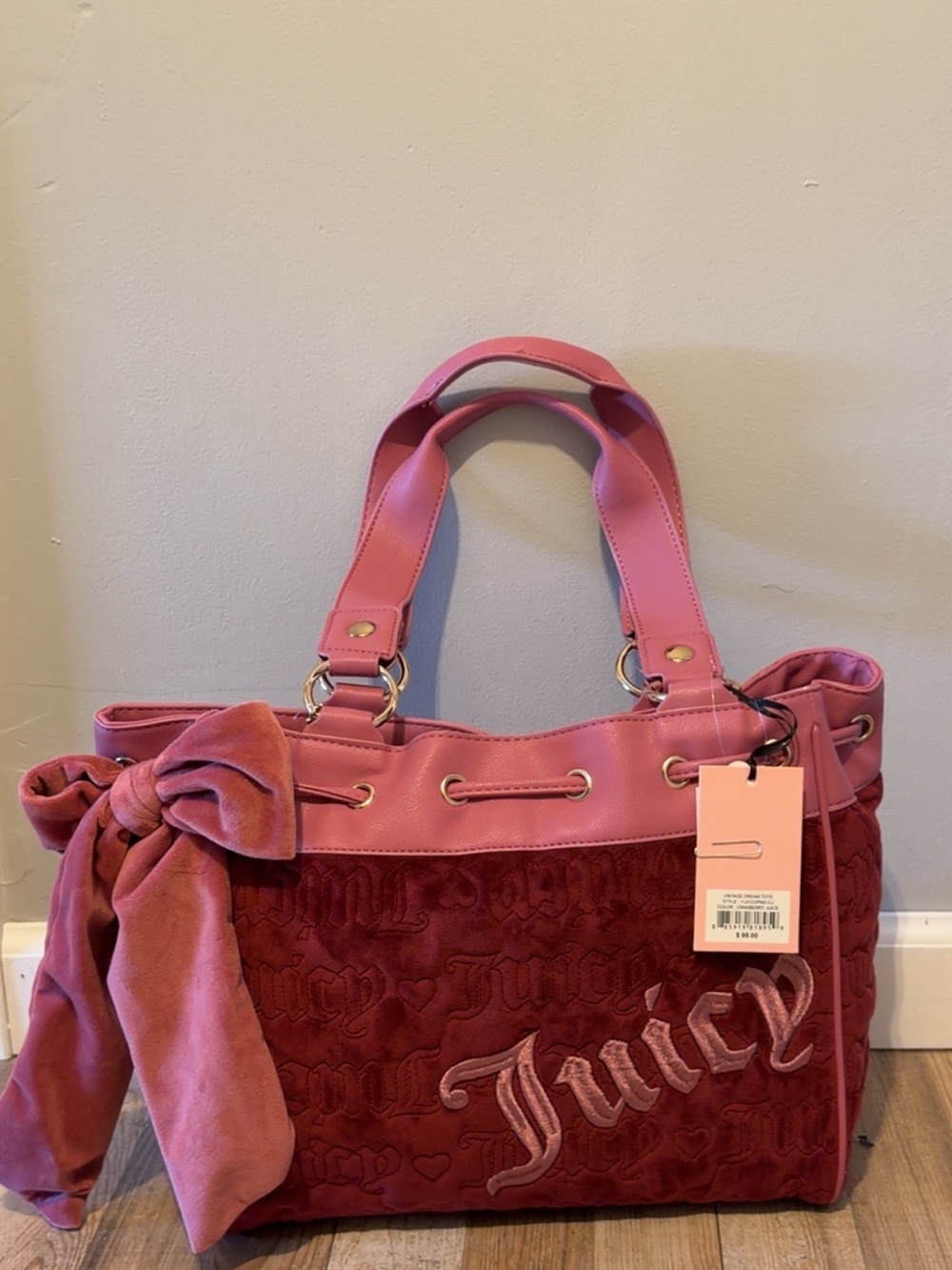 Juicy Couture Pink and Burgundy Velvet Tote with Bow Accent